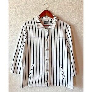Onque Casual Jacket Black & White Striped w/ Glitter Buttons & Pockets Women Med